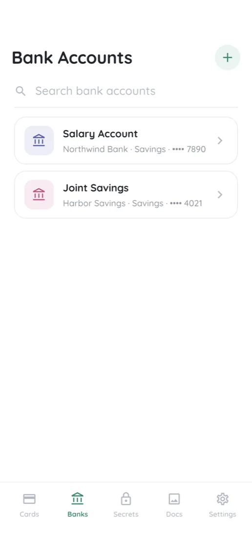 The FiNest banks screen, listing saved accounts grouped by bank