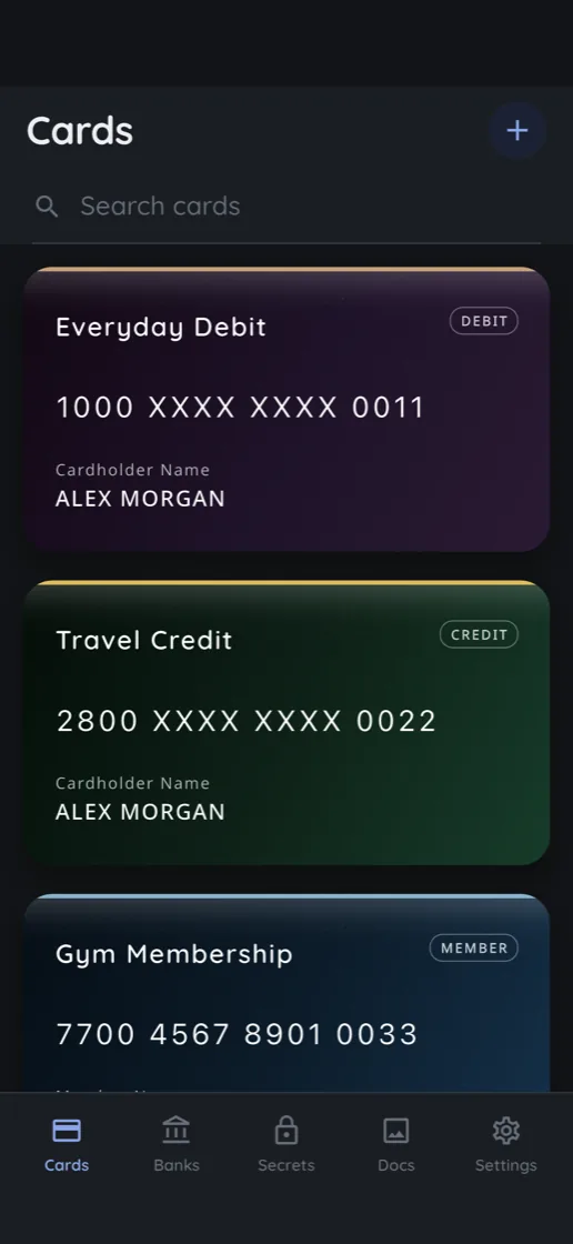 The FiNest cards screen, showing saved cards with masked numbers