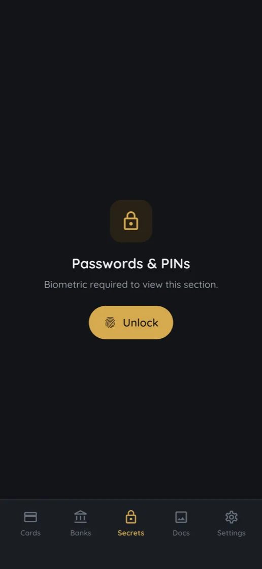 A locked FiNest section in the dark theme, asking for a biometric unlock