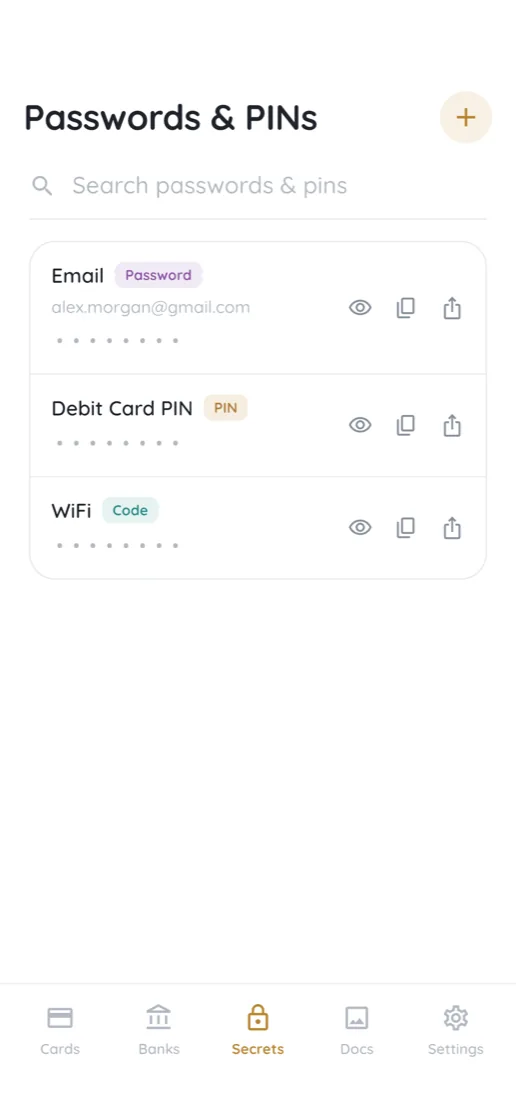 The FiNest secrets screen, listing saved passwords, PINs and notes