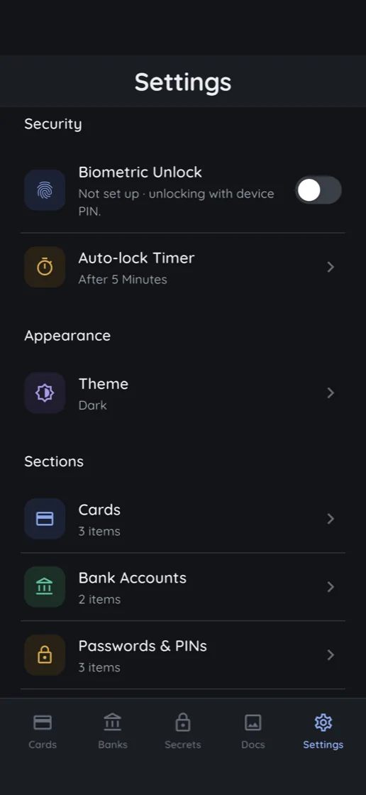 The FiNest settings screen in the dark theme, showing biometric unlock, an auto-lock timer, the theme setting and a count of items in each section
